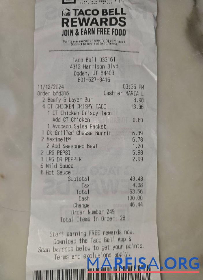 Printable Taco Bell Rewards payment receipt example